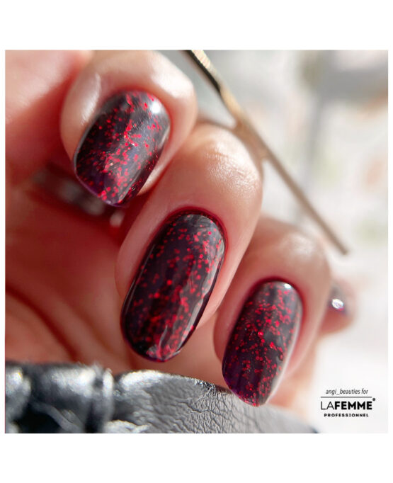 smalto semipermanente nero con glitter rossi h345