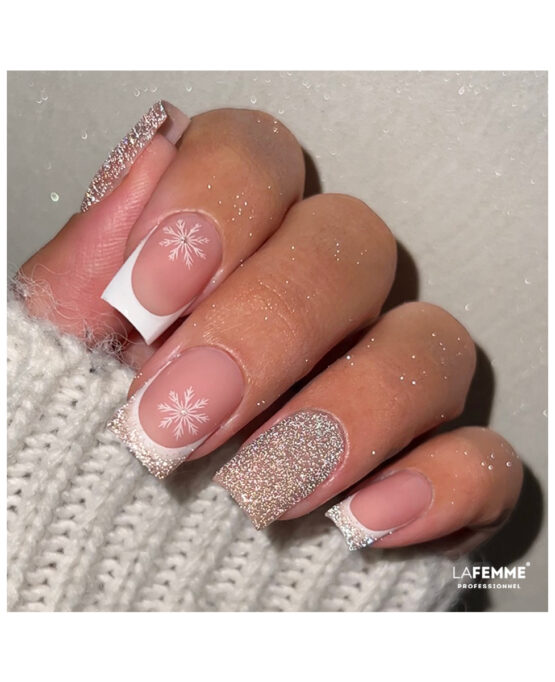 Nailart di Natale french glitter champagne e fiocco di neve